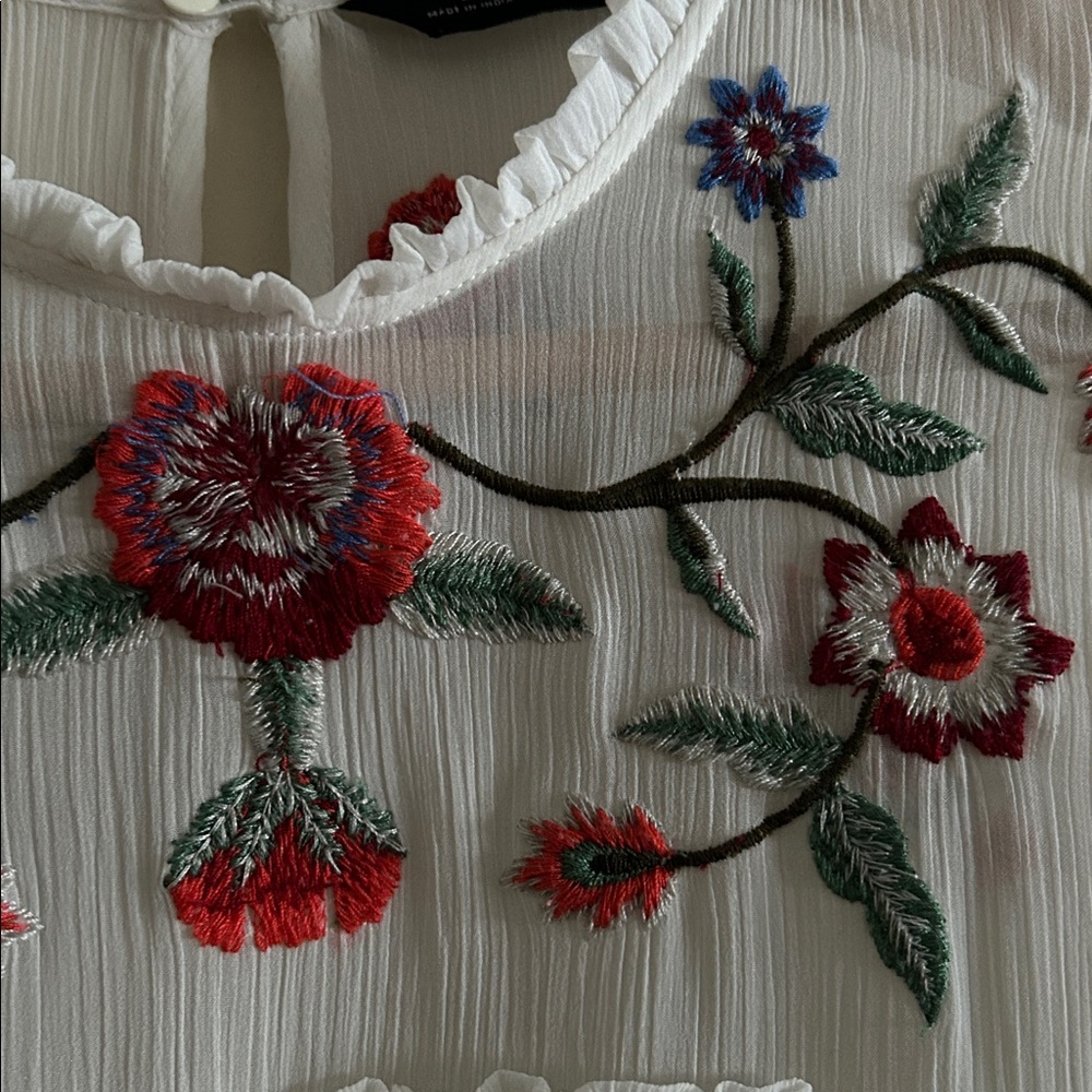 Zara Ivory Floral Whimsy Boho Embroidered Chiffon Tiered Lined Mini Dress Med - Picture 9 of 16